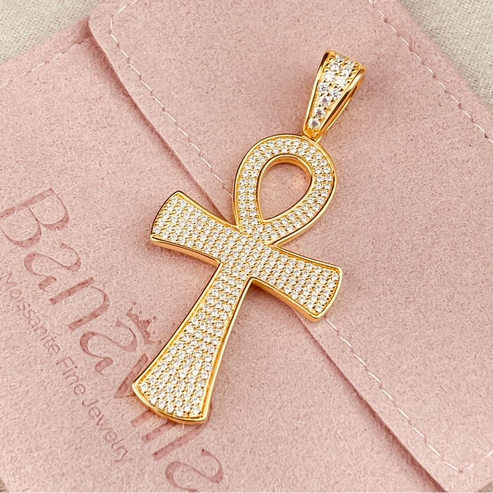 S925 Moissanite Ankh Cross Necklace Pendant (No Chain) 18k Yellow Gold Plate